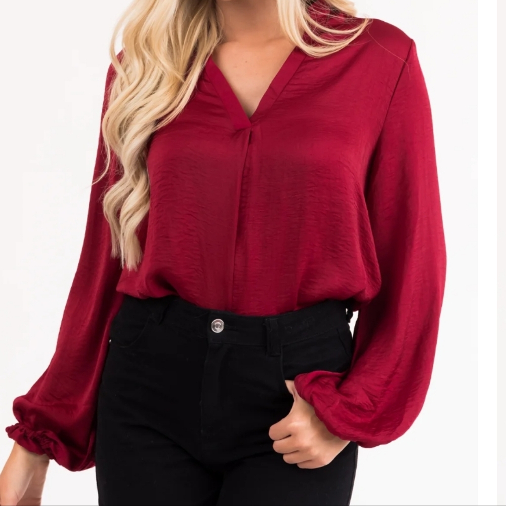 Maroon V-neck Long Sleeve Satin Top
